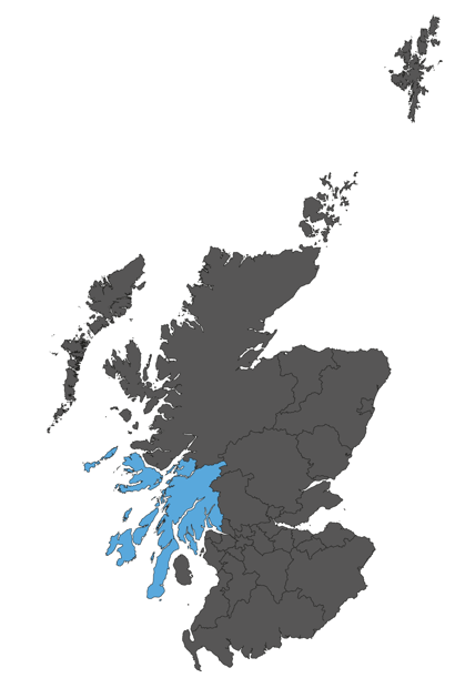 Map of Scotland with the area of Argyll and Bute highlighted