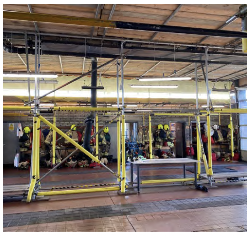 Image shows scaffolding supports in place in fire station
