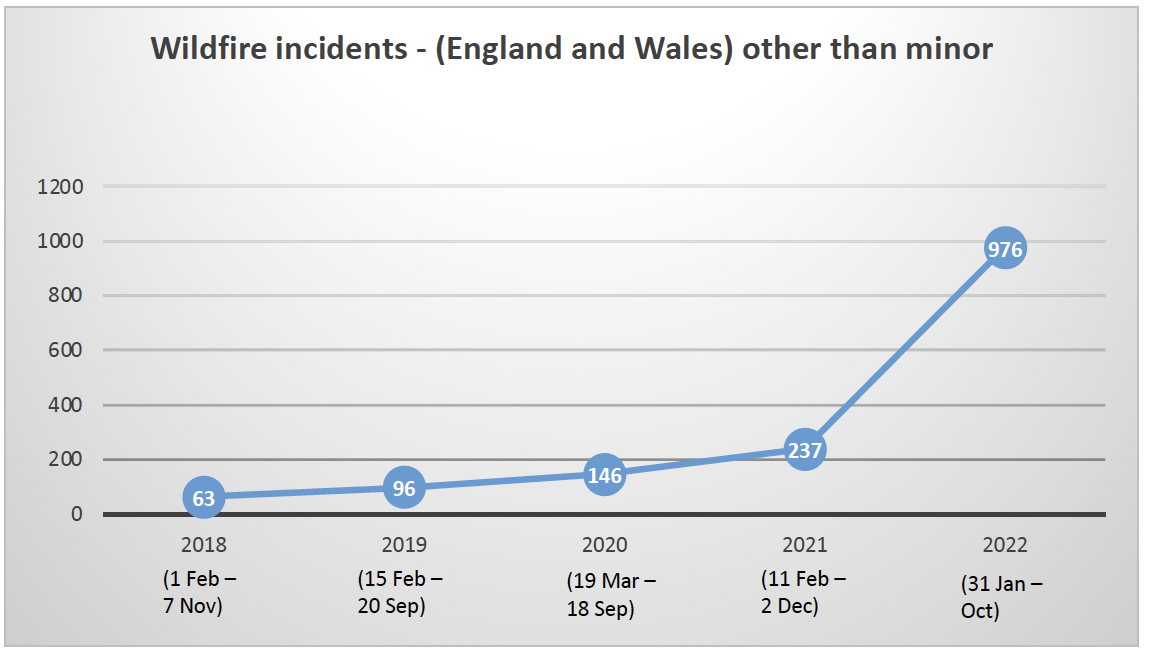 The chart shows the number of outdoor fires over the years 2017-2022. The x axis shows the number.