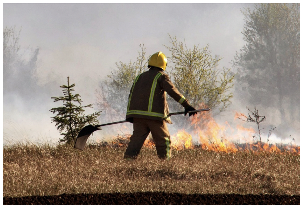 A picture containing outdoor, firefighter, grass, fire. The firefighter is using a beater at this fire.